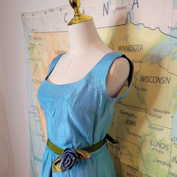 Vintage 1960s Blue Full-length Evening Gown Dress With Rose Tie Ribbon Cocktail - Picture 3 of 16